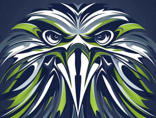 an abstract symmetrical representation of a tribal Seattle Seahawk logo, colors action green   wolf grey   college blue   white, --ar 4:3 --v 6.0 --s 250 --style raw --no wolf