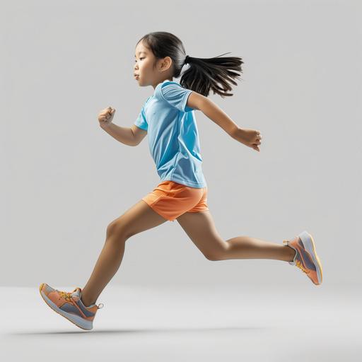 an action scene, a sports runner child asian girl, dressing running clothes, blue tshirt, orange short, ultra realistic photo, side view --v 6.0