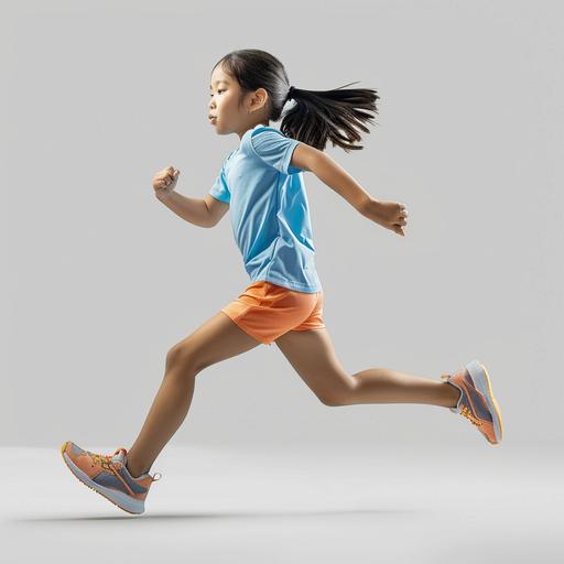 an action scene, a sports runner child asian girl, dressing running clothes, blue tshirt, orange short, ultra realistic photo, side view --v 6.0
