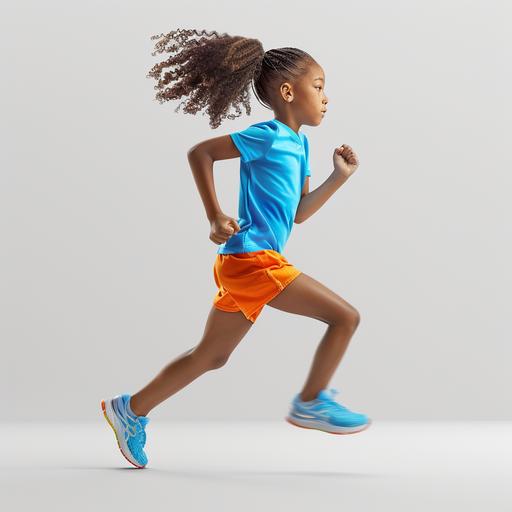 an action scene, a sports runner child girl, brown skin, dressing running clothes, blue tshirt, orange short, photo ultra realistic image, side view --v 6.0