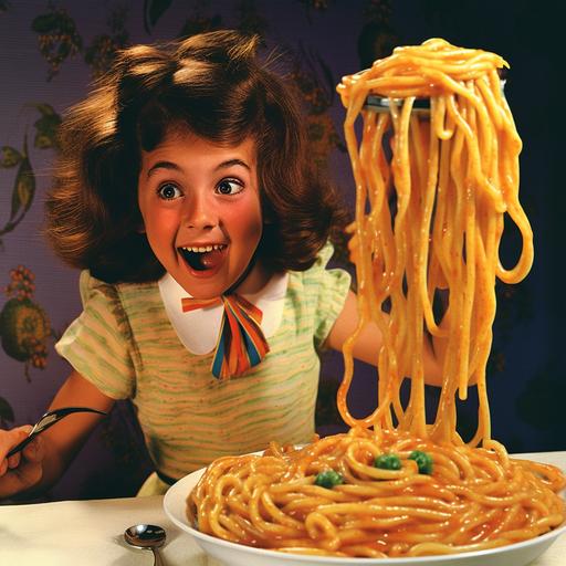 an ad from the 1960s showing a young italian girl and a young italian boy eating spaghetti lady and the tramp style and twirling a fork of cheesy pasta from a big bowl of spaghetti