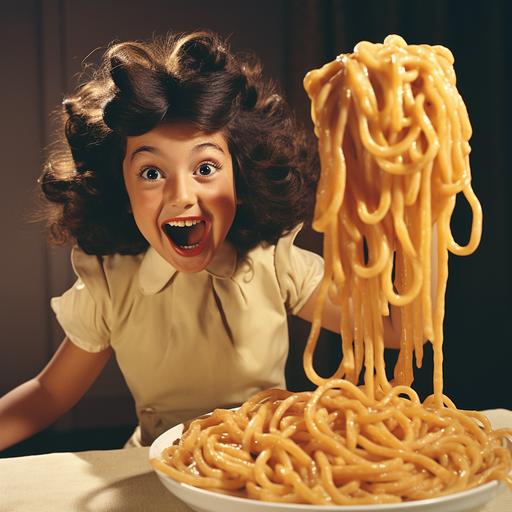 an ad from the 1960s showing a young italian girl twirling a fork of cheesy pasta from a big bowl of spaghetti