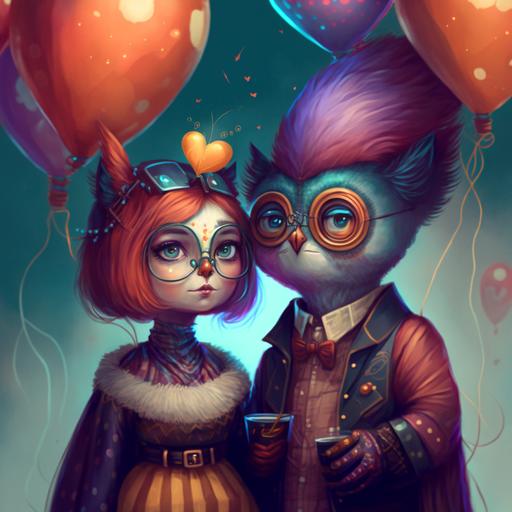 an adorable owlhuman antrophomorphic teenager couple in love colourful haircuts celebrating new years eve balloons champagne glasses bell music fireworks futuristic vintage steampunk adorable loving --v 4