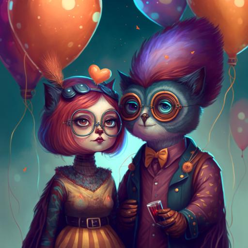 an adorable owlhuman antrophomorphic teenager couple in love colourful haircuts celebrating new years eve balloons champagne glasses bell music fireworks futuristic vintage steampunk adorable loving --v 4