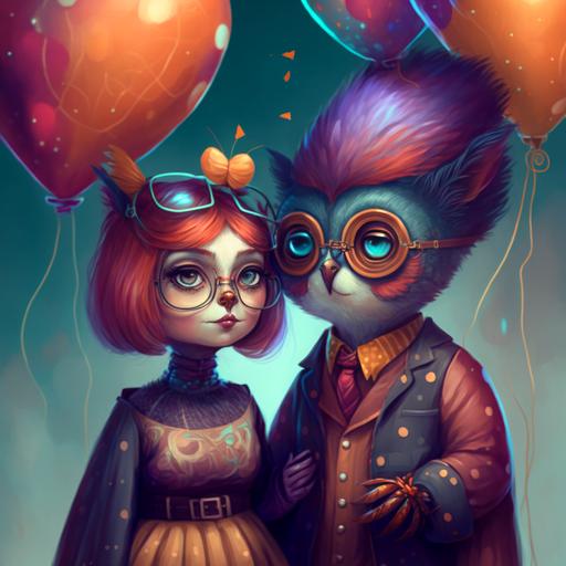 an adorable owlhuman antrophomorphic teenager couple in love colourful haircuts celebrating new years eve balloons champagne glasses bell music fireworks futuristic vintage steampunk adorable loving --v 4