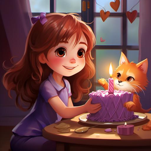 an adorable small girl with red hair, a purple dress, surprised to see her cute orange cat with a beautiful birthday cake, cartoon style for story book.