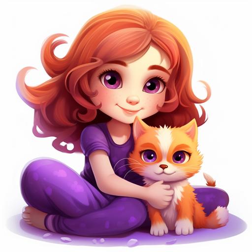 an adorable small girl with red hair, purple dress, taking care of her cute pet orange cat, cartoon style for kids book
