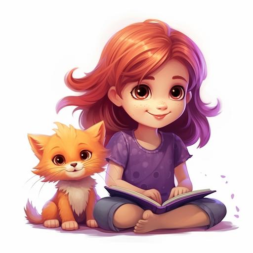 an adorable small girl with red hair, purple dress, taking care of her cute pet orange cat, cartoon style for kids book