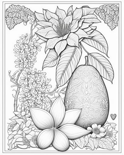 an adult coloring page with an intricately-detailed mango with flowers on a garden-themed background, --ar 4:5