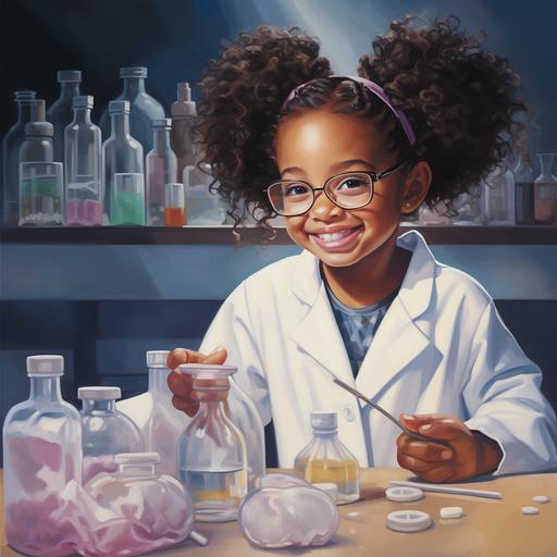 an african american girl with curly ponytails in a labcoat smiling with a tooth missing holding a beaker with pink liquid, there are bottles, graduated cylnders and beakers in the background and product bottles on the lab table in front of her