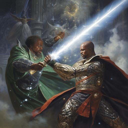 an african american knight with a magic sword dueling a wizard hurling magic