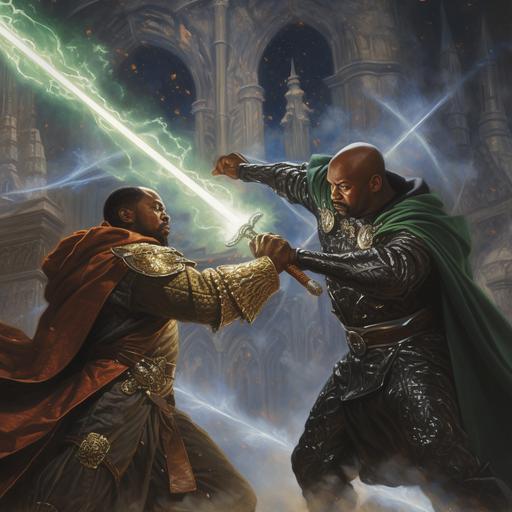 an african american knight with a magic sword dueling a wizard hurling magic