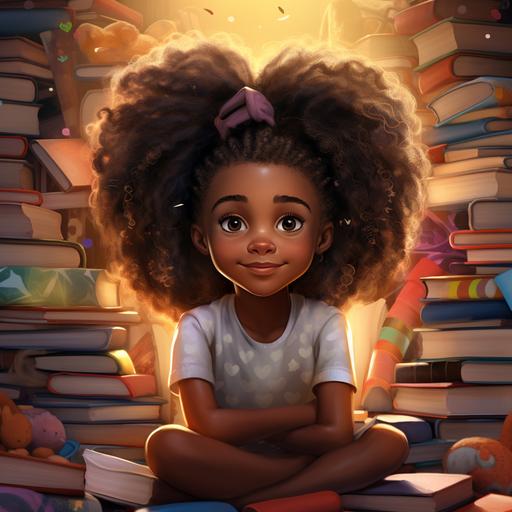 an african american little girl, with two afro puff ponytails, sitting in a pile of books