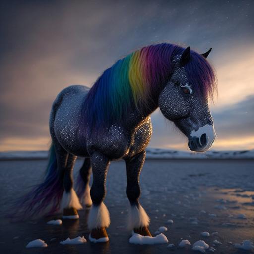 an alaskan pony with glitter eyelashes, a rainbow mane, wearing a catsuit. Location: moon.