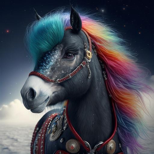an alaskan pony with glitter eyelashes, a rainbow mane, wearing a catsuit. Location: moon.