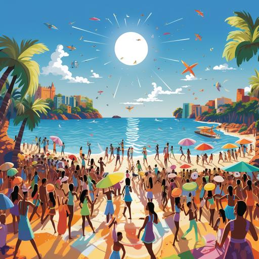 an album cover of a bright, sunny beach scene as the backdrop. The beach is filled with joyful people, beach umbrellas, and a clear blue sky. In the foreground, we can have a stylized illustration of people dancing, with vibrant and colorful outfits that represent the fun spirit of the song. Make it playful, fun, adorned with some beach-related elements like seashells or surfboard illustrations. The color palette should consist of warm and vibrant colors like shades of orange, yellow, and turquoise to capture the essence of summer.