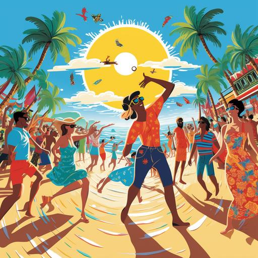 an album cover of a bright, sunny beach scene as the backdrop. The beach is filled with joyful people, beach umbrellas, and a clear blue sky. In the foreground, we can have a stylized illustration of people dancing, with vibrant and colorful outfits that represent the fun spirit of the song. Make it playful, fun, adorned with some beach-related elements like seashells or surfboard illustrations. The color palette should consist of warm and vibrant colors like shades of orange, yellow, and turquoise to capture the essence of summer.