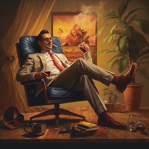 an album cover of super realistic con man leaning back in a chair, feet propped up on the desk, a cigar in his mouth, holding up a bourbon glass, and the man is winking