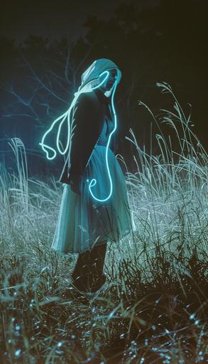 an alien blob tentacles creature with glowing slime and reflective oozing swirls, film still from an 80s si fi movie , unearthly weird alien model walking down a field at night , 80s vogue, high fashion , moody lighting ,35mm, photo realistic, Steven Klein , 35mm, photo realistic, Steven Klein, Prada, magnum photos, realistic photo of 1990s , in the style of fujifilm provia, jan ditlev, konica big mini, 3840×2160, chaos, 35mm, Fuji film, symbol --ar 4:7 --style raw --v 6.0