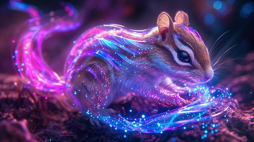 an alien chipmunk cryptid creature made of layers of moebius stripe crystal starlight, twisted shadows of neon purple magic, glittering blue sparks entwined braided incandescent plasma light, colorful alien sky background --ar 16:9 --v 6.0