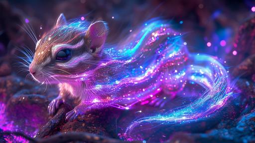 an alien chipmunk cryptid creature made of layers of moebius stripe crystal starlight, twisted shadows of neon purple magic, glittering blue sparks entwined braided incandescent plasma light, colorful alien sky background --ar 16:9 --v 6.0