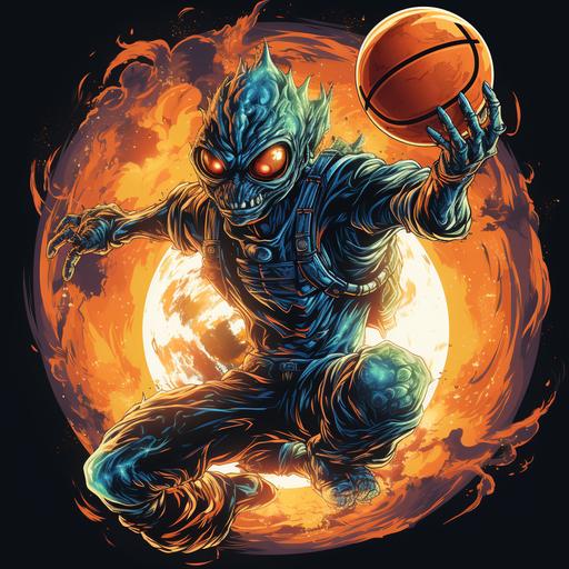 an alien jumping through space to dunk a basketball, sticker, logo, illustration, vector --s 750