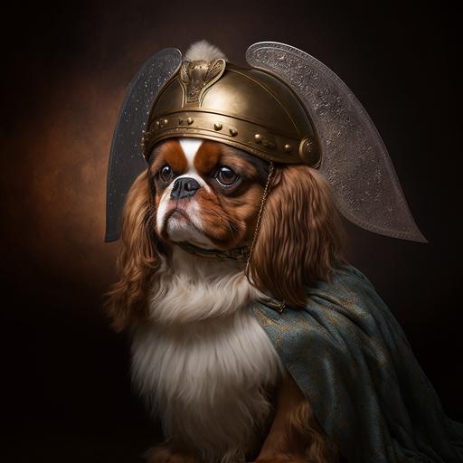 an all-brown fur Cavalier King Charles Spaniel dog with an eye patch and a winged viking helmet as a Norse god in the style of a historical painting --v 4