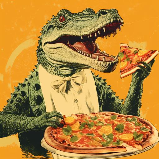 an alligator eating a huge slice of cheesy pizza- vintage flyer aesthetic