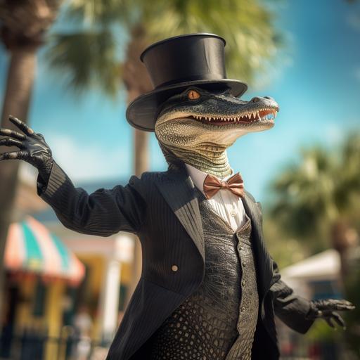 an alligator standing straight up on its hind legs dressed in proper sartorial tuxedo with a top hat, the alligator smiles at passerbys, background is in Key West, Florida, precise details, humorous, whimsical, 3D HDR, sharp focus, ultra quality, perfect composition