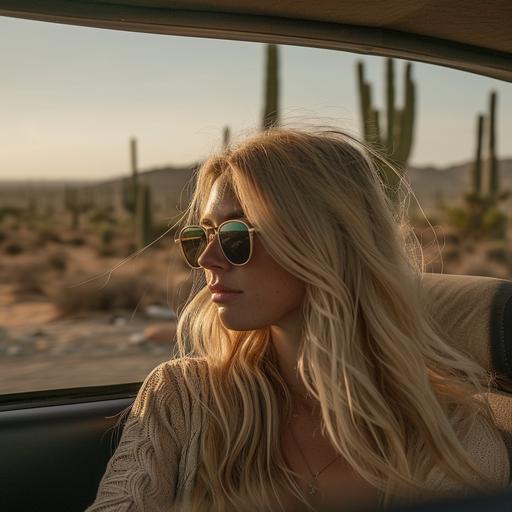 an american blonde girl with sunglasses, in a car, in the mexican desert, with big cactus --v 6.0