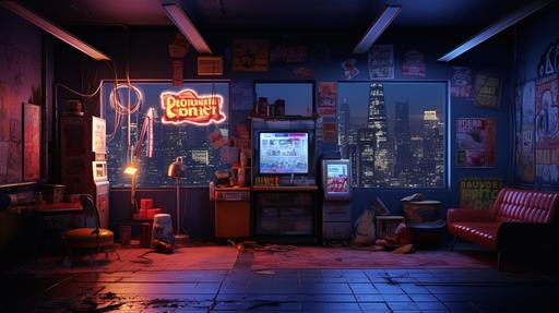 an american cinematic dark neon movie still, showing american junk food, female posters and depicting a bachelor pad, a cinematic dark neon still --style raw --ar 16:9