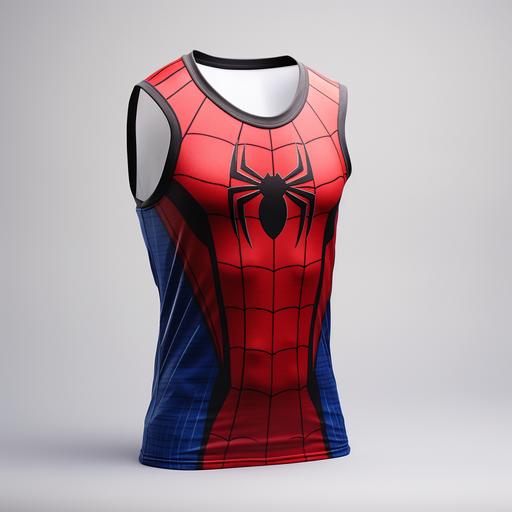 an american football jersey, Royal blue and scarlet red color, design based on peter parker tobey maguire original suit, inspired on classic spiderman suit, spiderweb pattern silver or white color, Sleeveless, with a cap as a hoodie, Spider patch Black color logo, different angles, front, back, and sides, team name Spiderverse