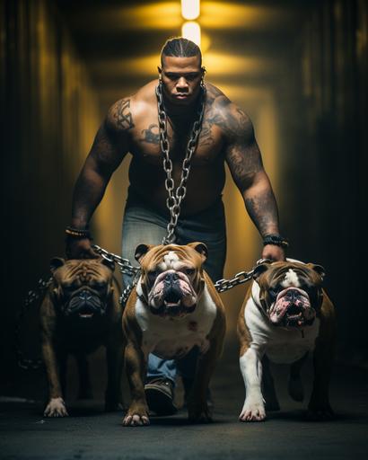 an american football player walking with 2 large angry english bulldogs with clipped ears on chains in a dimly lit concrete tunnel. full body heavy bokeh f/2.8 canon colors --ar 4:5