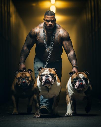 an american football player walking with 2 large angry english bulldogs with clipped ears on chains in a dimly lit concrete tunnel. full body heavy bokeh f/2.8 canon colors --ar 4:5