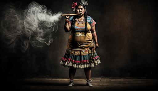 an amerindian woman standing up blowing inside a dart blowgun, ultra realistic, photographic style, full length picture --ar 16:9