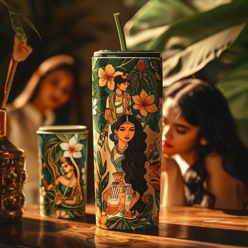 an an vintage indian royal illustration a Starbucks tumbler, green color, on the desk, with girls surrounding it. Cozy and warm vibes. realistic style