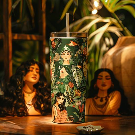 an an vintage indian royal illustration a Starbucks tumbler, green color, on the desk, with girls surrounding it. Cozy and warm vibes. realistic style