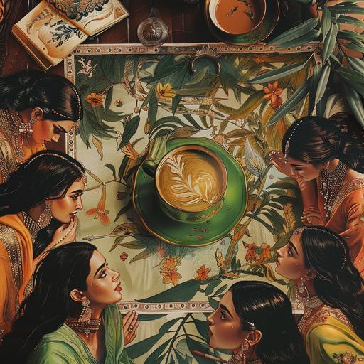 an an vintage indian royal illustration a coffee mug in green color, on the desk, with girls surrounding it. Cozy and warm vibes. realistic style