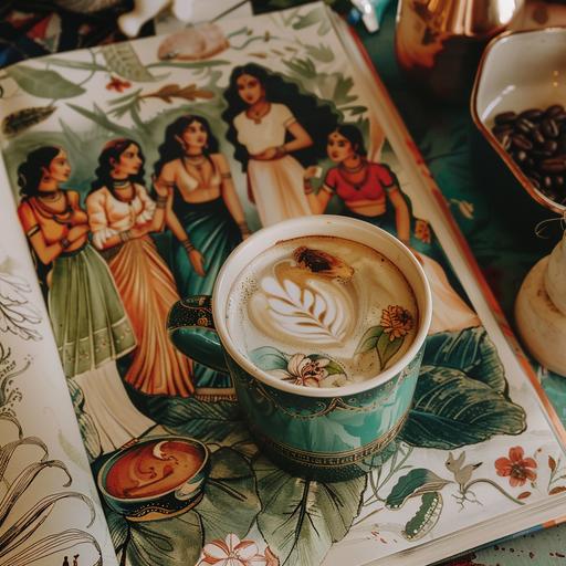 an an vintage indian royal illustration a coffee mug in green color, on the desk, with girls surrounding it. Cozy and warm vibes. realistic style