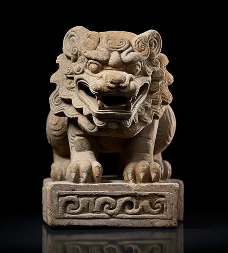 an ancient lion statue on top of a block, in the style of early medieval art, 16th century, 500–1000 ce, gerhard munthe, raw materials, chinese iconography, figura serpentinata --ar 115:128