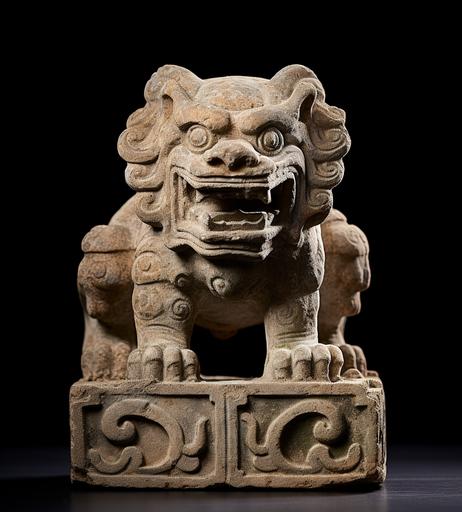 an ancient lion statue on top of a block, in the style of early medieval art, 16th century, 500–1000 ce, gerhard munthe, raw materials, chinese iconography, figura serpentinata --ar 115:128