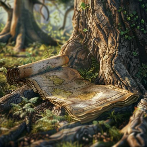 an ancient map tucked beneath the roots of an old oak tree, cartoon, 4k