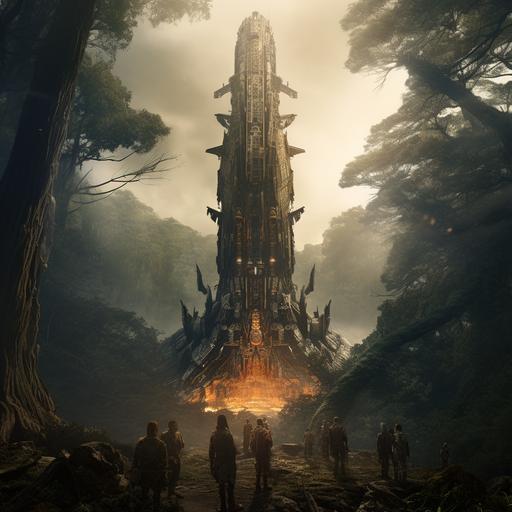 an ancient spaceship crashed end on in an old forest rising like a spire towering above the trees. home now to a race of tribal winged people scene shot