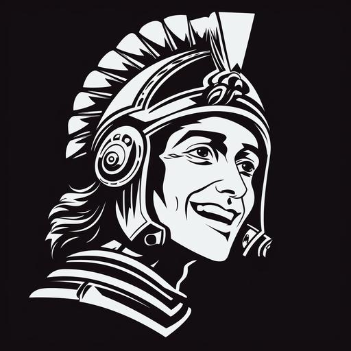 an androgynous young roman centurion smiling face with centurion helmet looking up, 3/4 head position, logo in black and white, black background, flat logo, vector logo, in the style of Chris Mitchell
