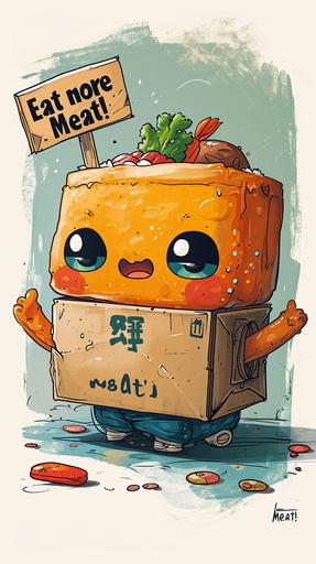 an angry bento box holding a sign 