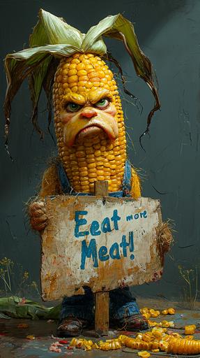 an angry corn holding a sign 