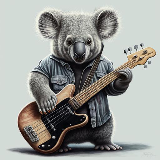 an angry koala wearing black hard rock clothes, playing a 4 strings bass guitar, hyperrealistic detailed drawing. --s 250