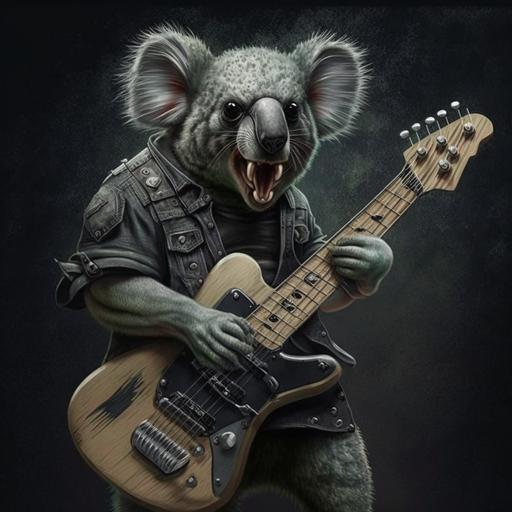 an angry koala wearing black hard rock clothes, playing a 4 strings bass guitar, hyperrealistic detailed drawing. --s 250