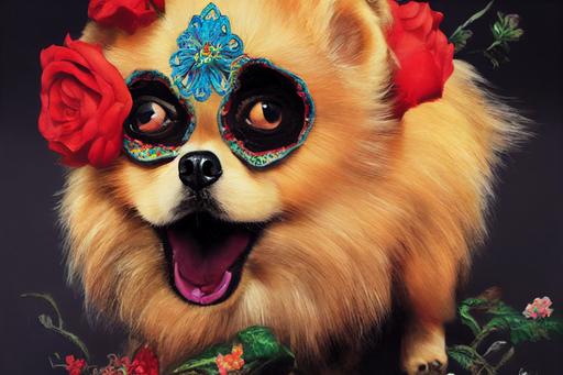 an angry pomeranian puppy barking at a sugar skull on the day of the dead --ar 16:9 --test --creative