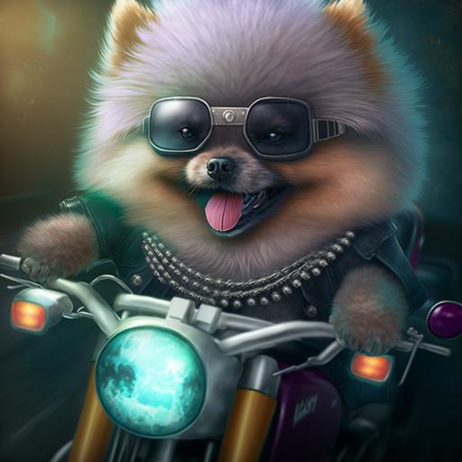 an angry pomeranian puppy driving a cyberpunk motorcycle --v 4